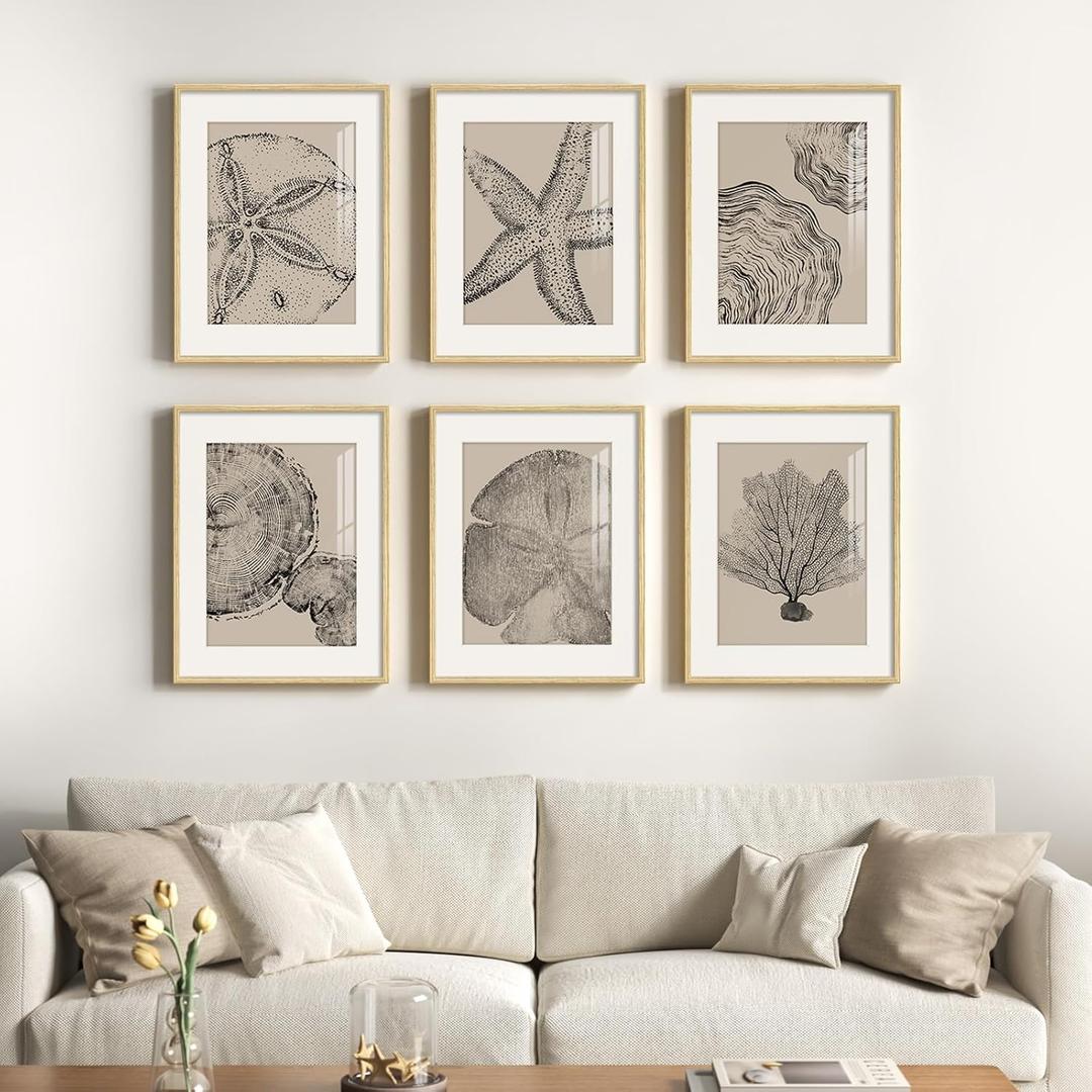 Framed Coastal Wall Art for Living Room, 6 Piece Neutral Black Beige Modern Abstract Prints Artwork, Ocean Coral and Beach Tree Ring Pictures for Bedroom Dining Room Bathroom Wall Decor 11x14 In