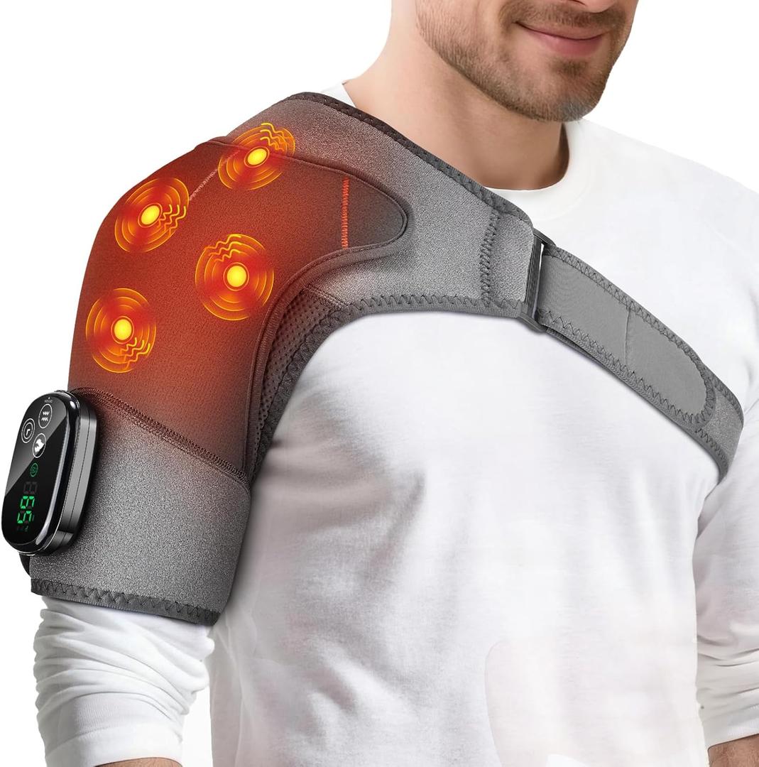 Shoulder Heating Pad with Massage, Cordless Heated Shoulder Brace Wrap Massager for Pain Relief Deep Tissue, Rotator Cuff Heating Pad, Gray