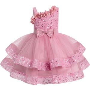 IMEKIS Toddler Kids Girls Pageant Sequin Flower Dress, Shiny Asymmetric Shoulder Formal Party Tiered Tulle Gowns (Pink, M)