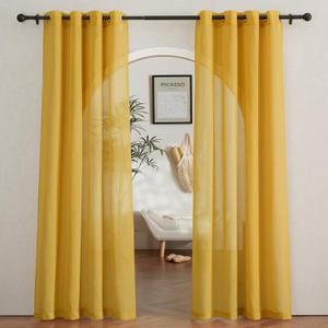 NICETOWN Semi Sheer Curtains Flax Linen Texture, Grommet Retro Window Treatment Linen Weave Vertical Drapes Privacy with Light Filter for Living Room, Citrine, 2 Panels, W52" x L84"