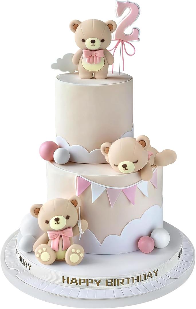 12 PCS Bear Cake Topper, Bear Cake Decorations with Balls Cake Toppers for Boys Girls Baby Shower Birthday Party Decorations (Pink)