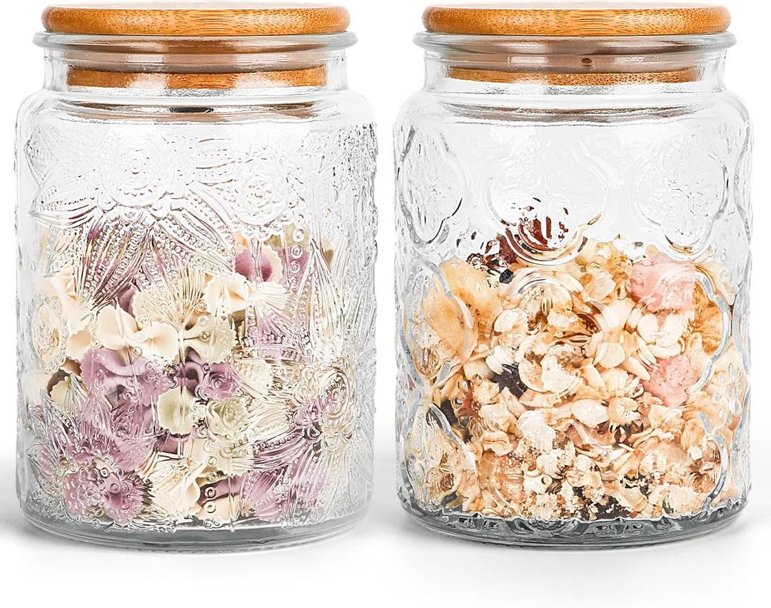 GUEQUITLEX Vintage Glass Jar with Lid, 24oz Food Storage Containers 2 Pack Clear Mason Jars With Airtight Lid for Kitchen Counter,Food Storage, Dry Food, Snacks, Candies, DIY Projects