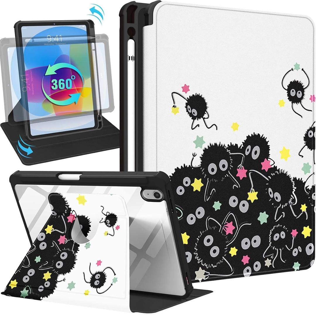 for iPad A16 Case - for iPad 10th Generation Case 10.9 Inch Women Cute Girls Girly Kawaii Pretty Black Stars Design Aesthetic Rotating Stand Folio Tablet Cover for Apple 10/11 2025