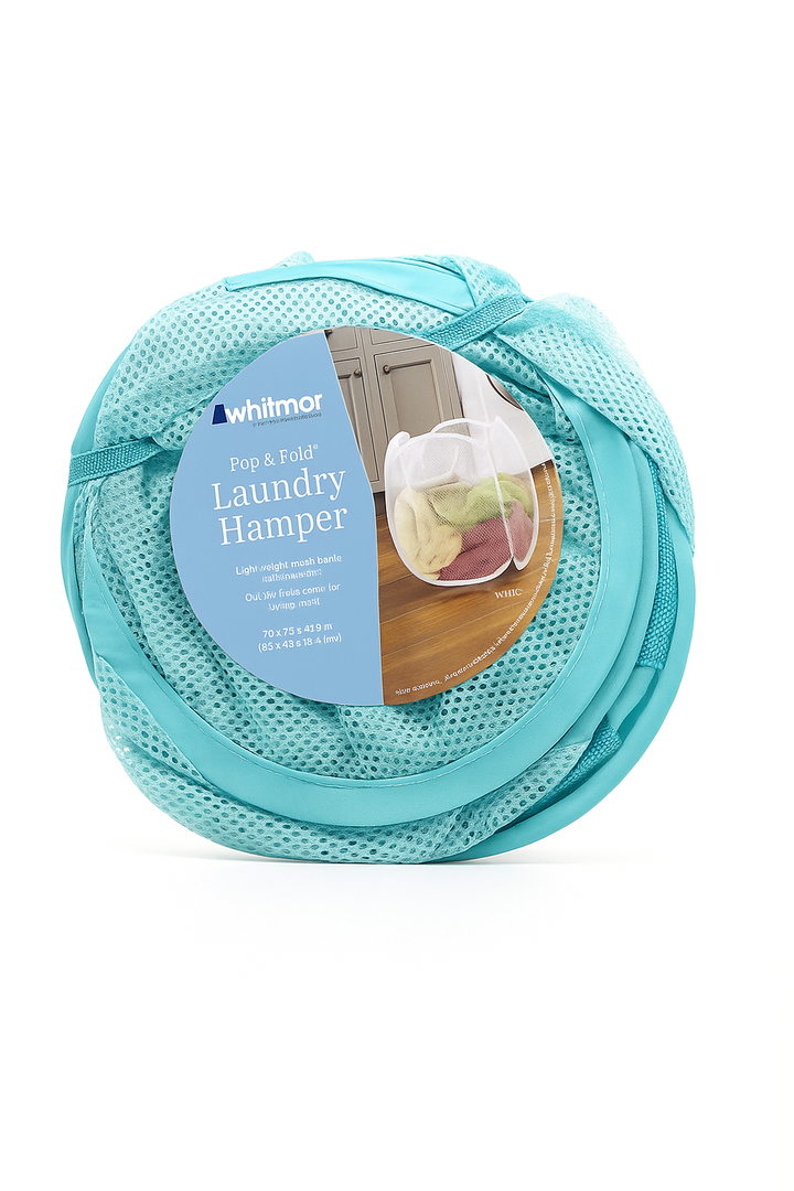 Whitmor Bringing Organization Home Pop & Fold® Laundry Hamper Lightweight Mesh Fabric With Wire Frame Quickly Folds Down For Easy Storage 13 x 13 x 21.5 in, Light Blue