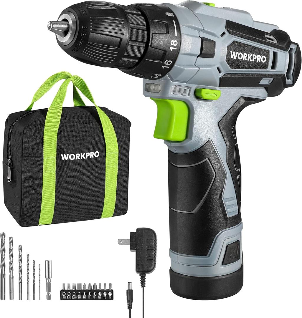 WORKPRO Cordless Drill Driver Kit, 12V Electric Screwdriver Driver Tool Kit, 3/8" Keyless Chuck, Charger and Storage Bag Included (Green)