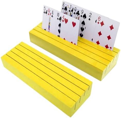 2 x Playing Card Holders Deck Stand, Play Cards Holder for Kids or Elder People, Hands-Free Wood Holder Racks,Tray for Organizing Cards (2 Pack-Yellow)