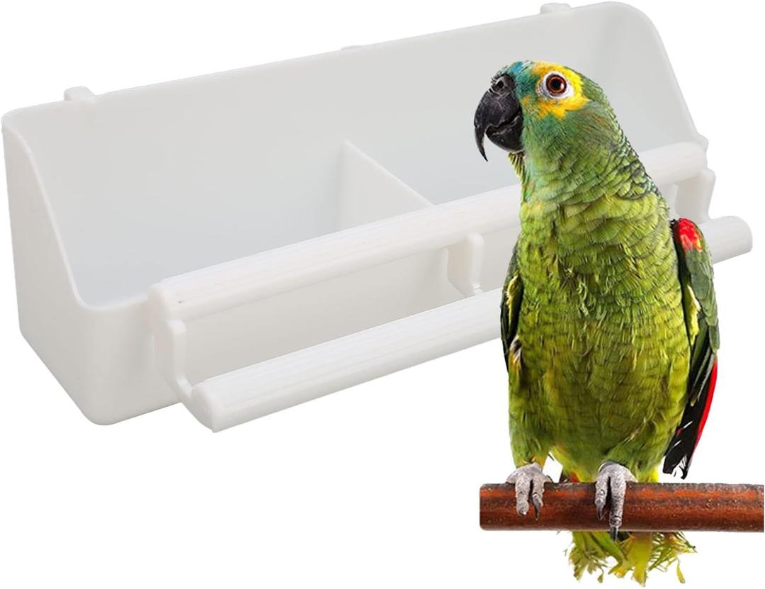 Bird Feeder, No Mess Cage Hanging Feeder Cup Pet Bird Food Double Plastic Seed Water Feeder Dispenser Standing Frame for Parrots Cockatiel Pigeon Sparrow Bird Cage Bowl