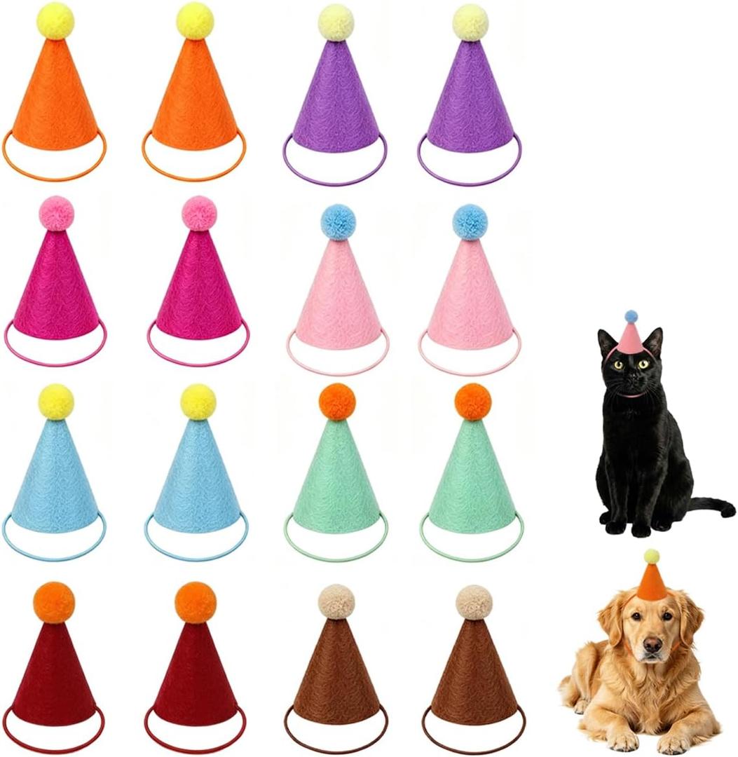 Mini Pet Party Hats, 16pcs Birthday Party Cone Hats for Cats Dogs Rabbits