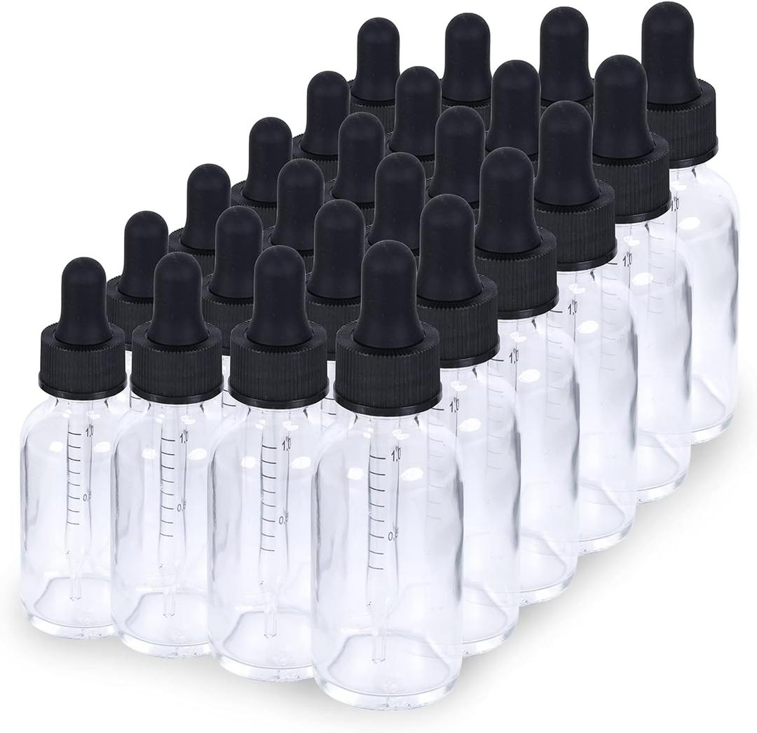 1 oz Dropper Bottle 24 Pack Clear Glass Boston Bottles 30ml with Eye Droppers Black Caps for Essential Oils, Perfume, Leak Proof Travel Bottles for Liquids