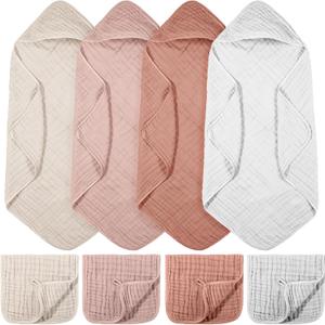 VitalCozy 8 Pcs Baby Muslin Hooded Bath Towels and Washcloths, 32 x 32 Inch Muslin Cotton Hooded Baby Towels Absorbent Hooded Blankets for Gift Newborn Infant Shower (Pink, White)