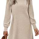 Zeagoo Women's Knit Dress with Puff Sleeves for Fall & Winter - Round Neck Casual Tunic Dress (Medium, Khaki)