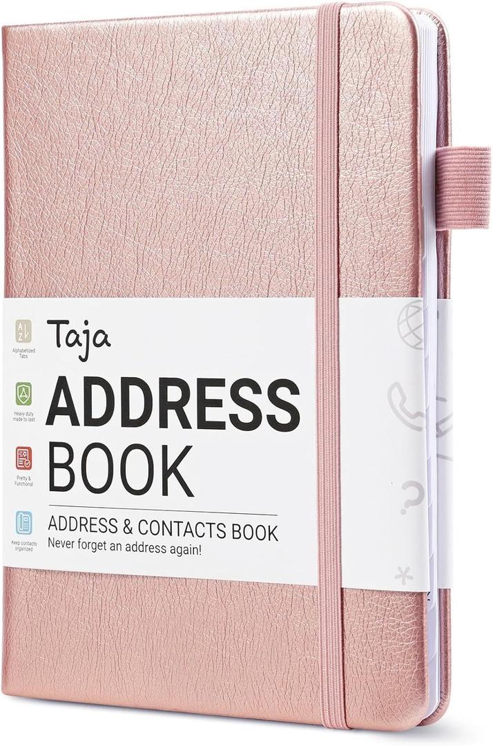 Taja Address Book with Alphabetical Tabs,Hardcover Address Books Large Print for Record Contacts, Small Address Book to Store All Your Important Informations In One Place - Rose Gold