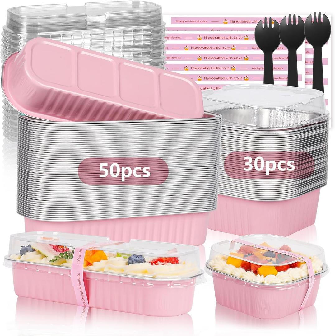 Mini Loaf Pans with Lids for Baking Bread Disposable, 50Pcs 6.8oz Mini Cake Pans with Lids and Spoons Pink Sticker & 30Pcs 10oz Square Aluminum Pans Kit, Dessert Foil Baking Cupcake Cups