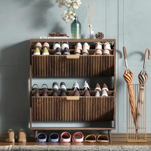 Shoe Cabinet Storage, Modern Freestanding Organizer with 2 Flip Drawers, Narrow Shoe Rack for Entryway, Walnut
