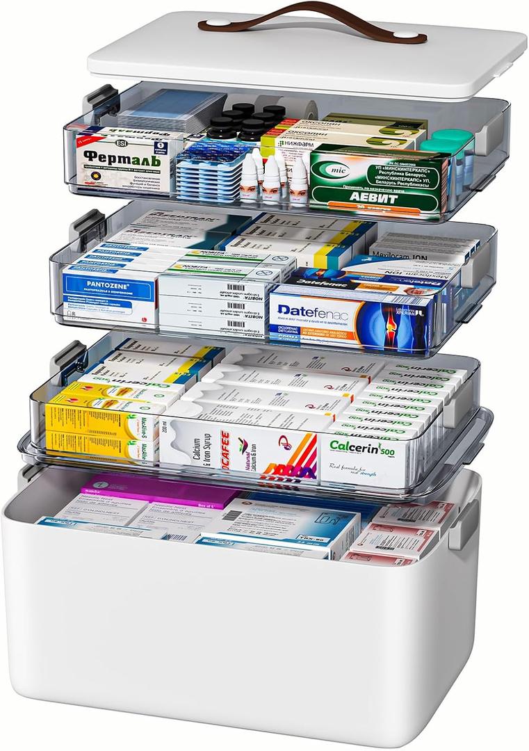 JOYBOS 4-Tier Medicine Organizer Storage Box with Lid and Leather Handle, Portable Latch Bin for Pill Bottle, First Aid, Sewing, Art, Craft