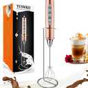 YUSWKO Handheld Milk Frother Wand for Coffee, Rechargeable Electric Whisk with 3 Heads 3 Speeds Drink Mixer Coffee Frother For Latte, Cappuccino, Hot Chocolate, Egg, Rose Gold with Holder