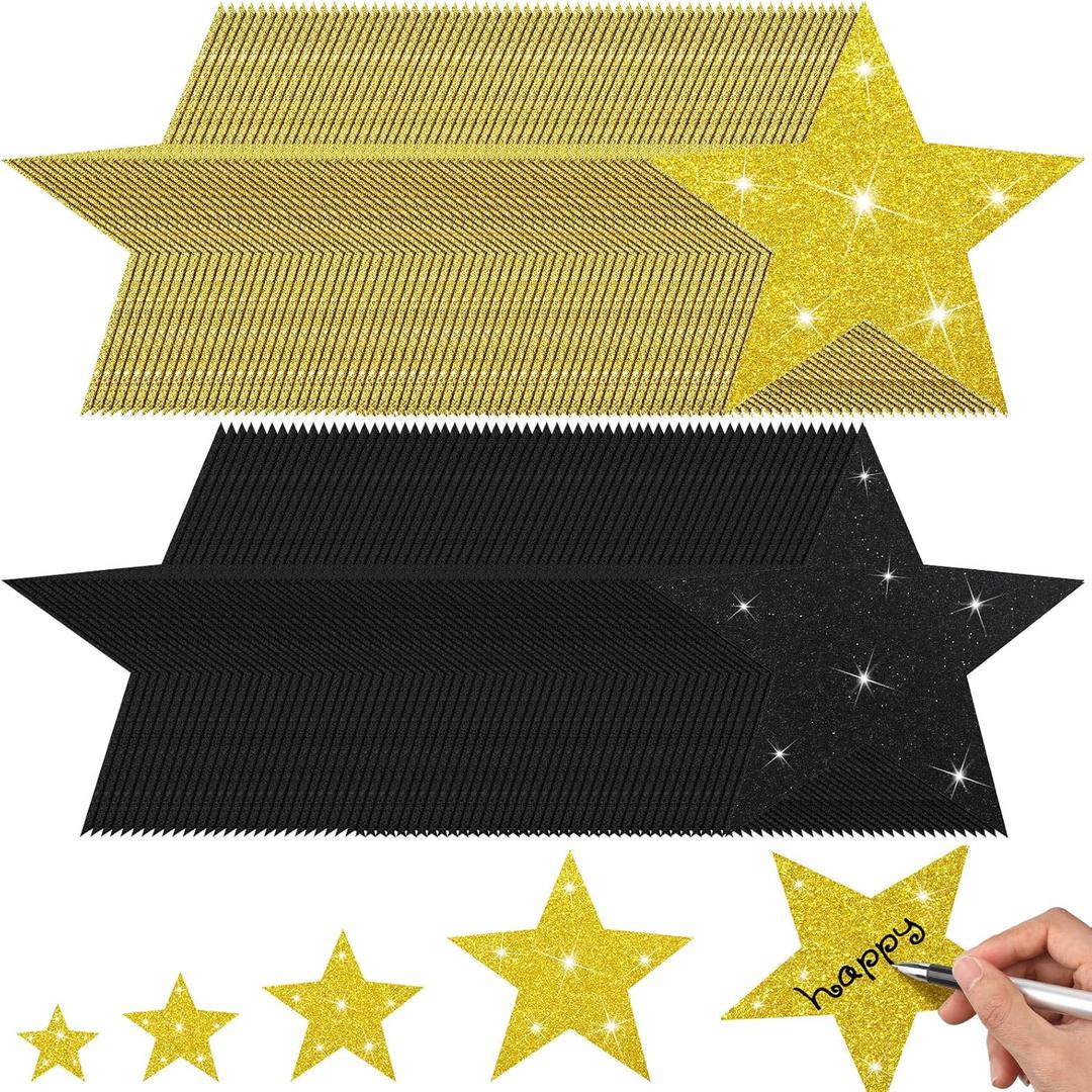 256 Pcs Glitter Star Cutouts Paper Decoration Back to School Cardboard Glitter Star Wall Decor Confetti Cutouts for Bulletin Board Classroom Movie Night Party Decoration 4 Sizes(Black, Gold)