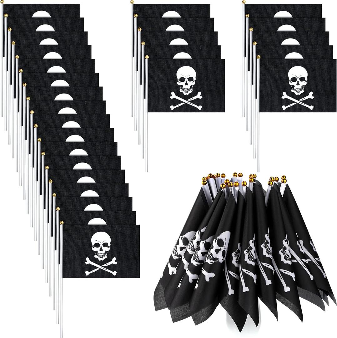 Remerry 50 Pack Pirate Mini Flag, Small Pirate Stick Flag for Halloween Party Decorations, Hand Held Jolly Roger for Skull Party Celebration