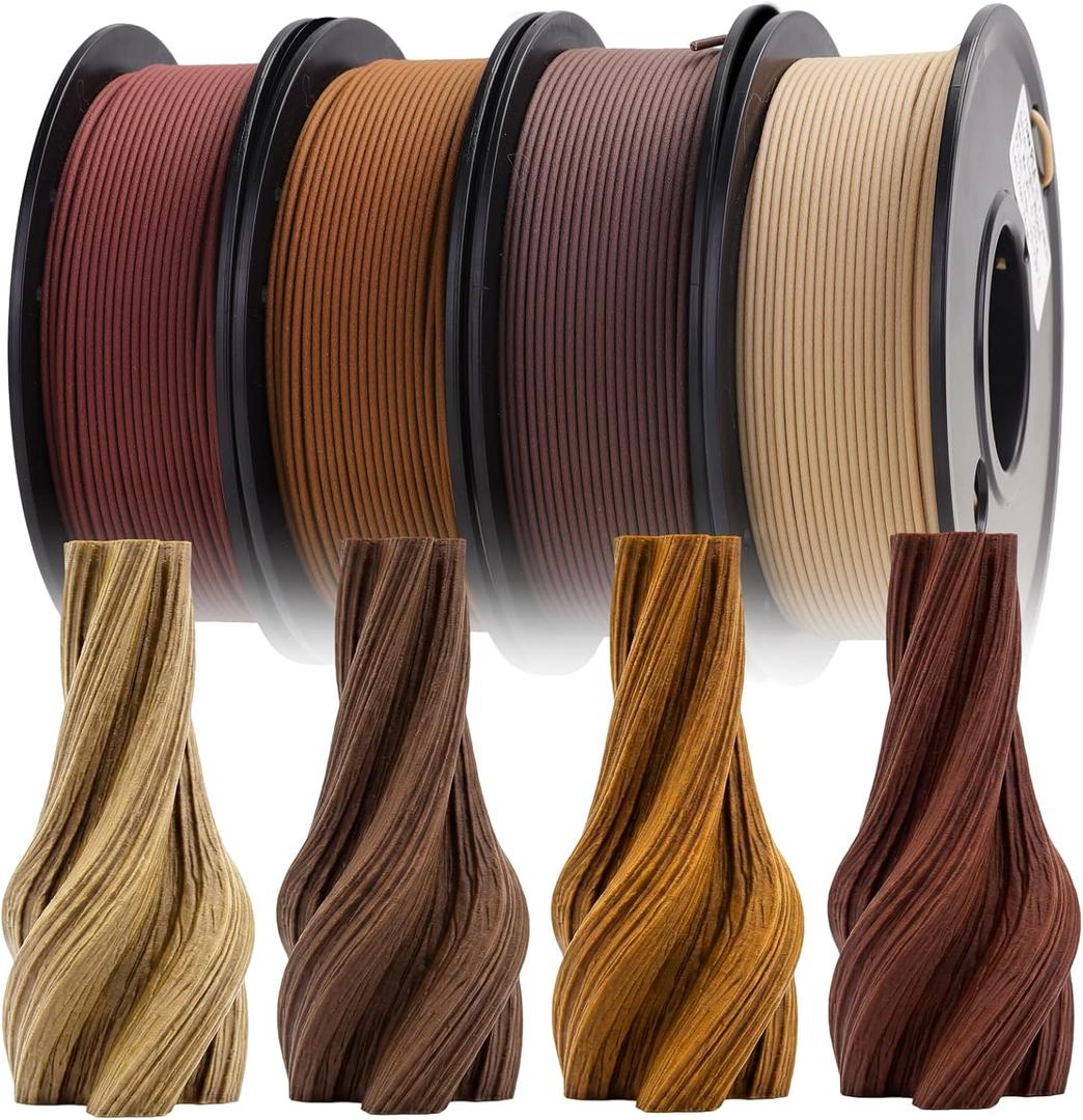 Wood PLA Filament Bundle, 3D Printer Filament Wood Filament 1.75mm PLA Filament,Individually Vacuum Packed, 250g*4 Spools, Maple+Cherry+Walnut+Mahogany