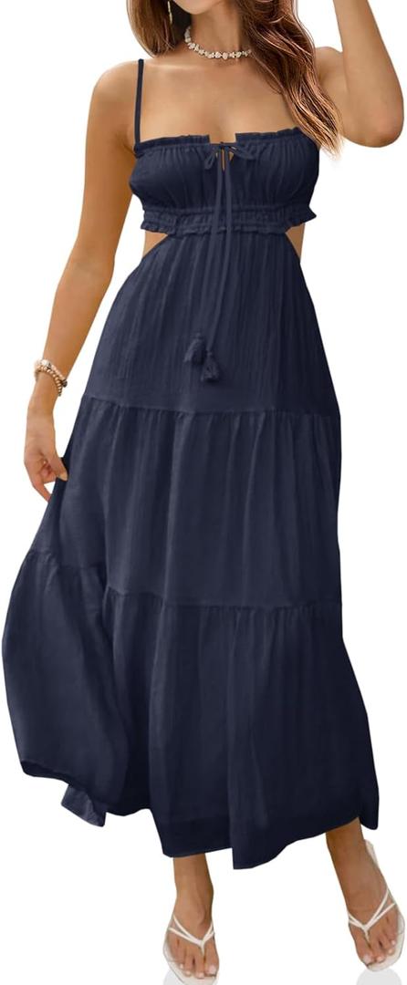 Fisoew Women's Spaghetti Strap Maxi Dress Summer Sleeveless Side Cut Out Dress Casual Boho Backless Flowy Long Dresses (Medium, Navy Blue)
