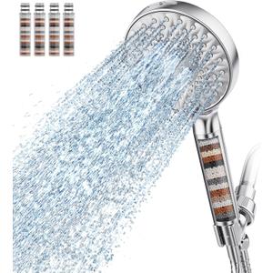 Filtered Shower Head with Handheld, High Pressure 9 Spray Mode Chrome Showerhead with 4 Filters, Detachable Shower Head, Water Softener Filters Beads for Hard Water - Remove Chlorine