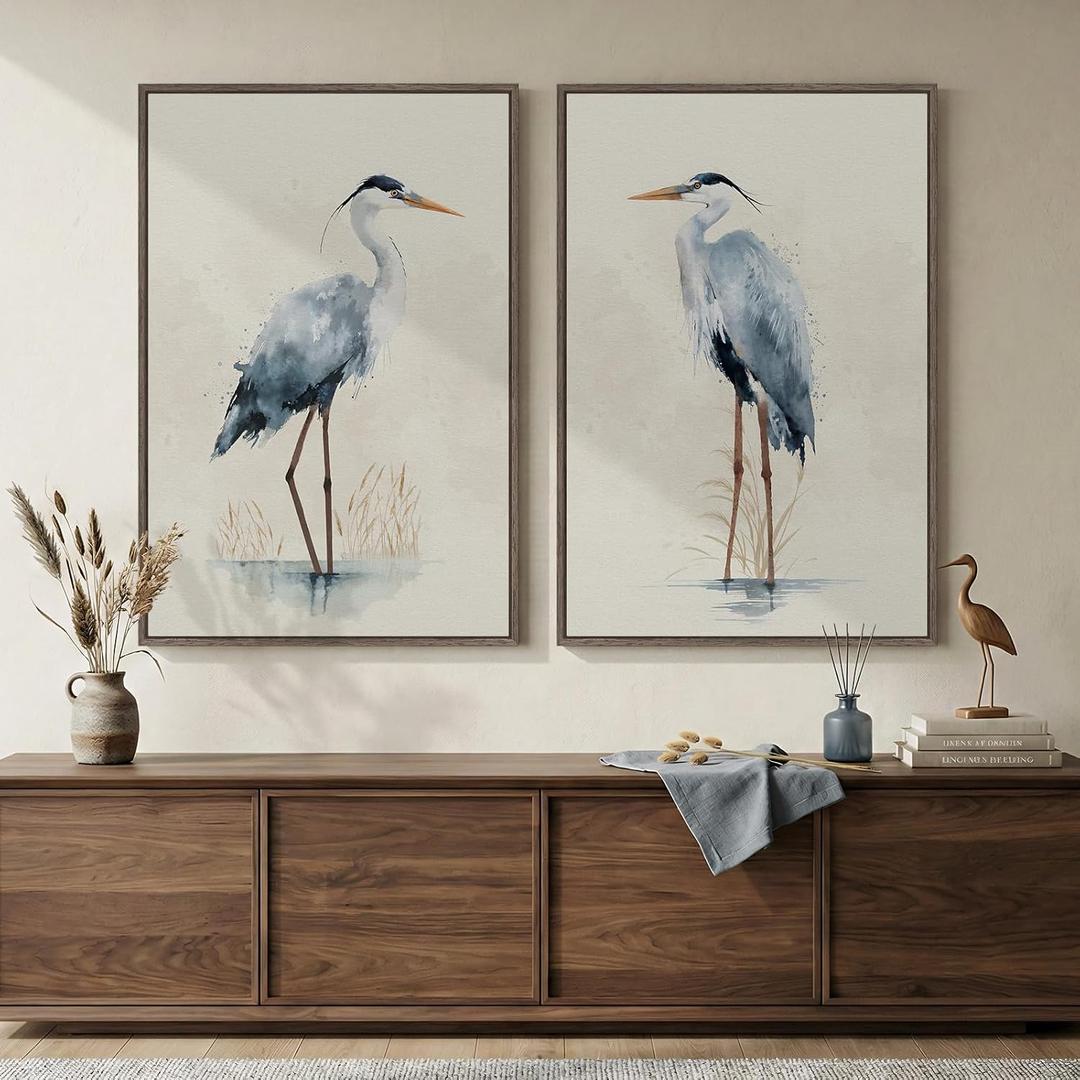 Large Framed Vintage Bird Wall Art, 2 Piece Neutral Blue Heron Canvas Painting Prints, Minimalist Farmhouse Vertical Coastal Heron Artwork for Living Room Office Kitchen Hallway Wall Decor, 24x36, 24" W x 36" H x 2Pcs