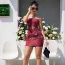 XXTAXN Women's Sexy Tube Strapless Floral Pattern Ruched Bodycon Date Night Mini Dress with Bow Tie (Winered Printing)