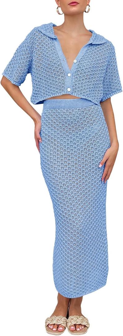 Saodimallsu Women Crochet Beach Cover Up Set Knit Crop Button Short Sleeve Collar Top Bodycon Long Skirt 2 Piece Outfits (Blue, S)