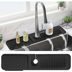 PoYang 24 Inch Faucet Mat for Kitchen Sink Splash Guard Behind Faucet, Sink Protectors for Kitchen Sink Faucet Mat Splash Guard for Kitchen Sink Area, Longer Silicone Faucet Guard Draining Mat, Black (23.6" x 5.5")