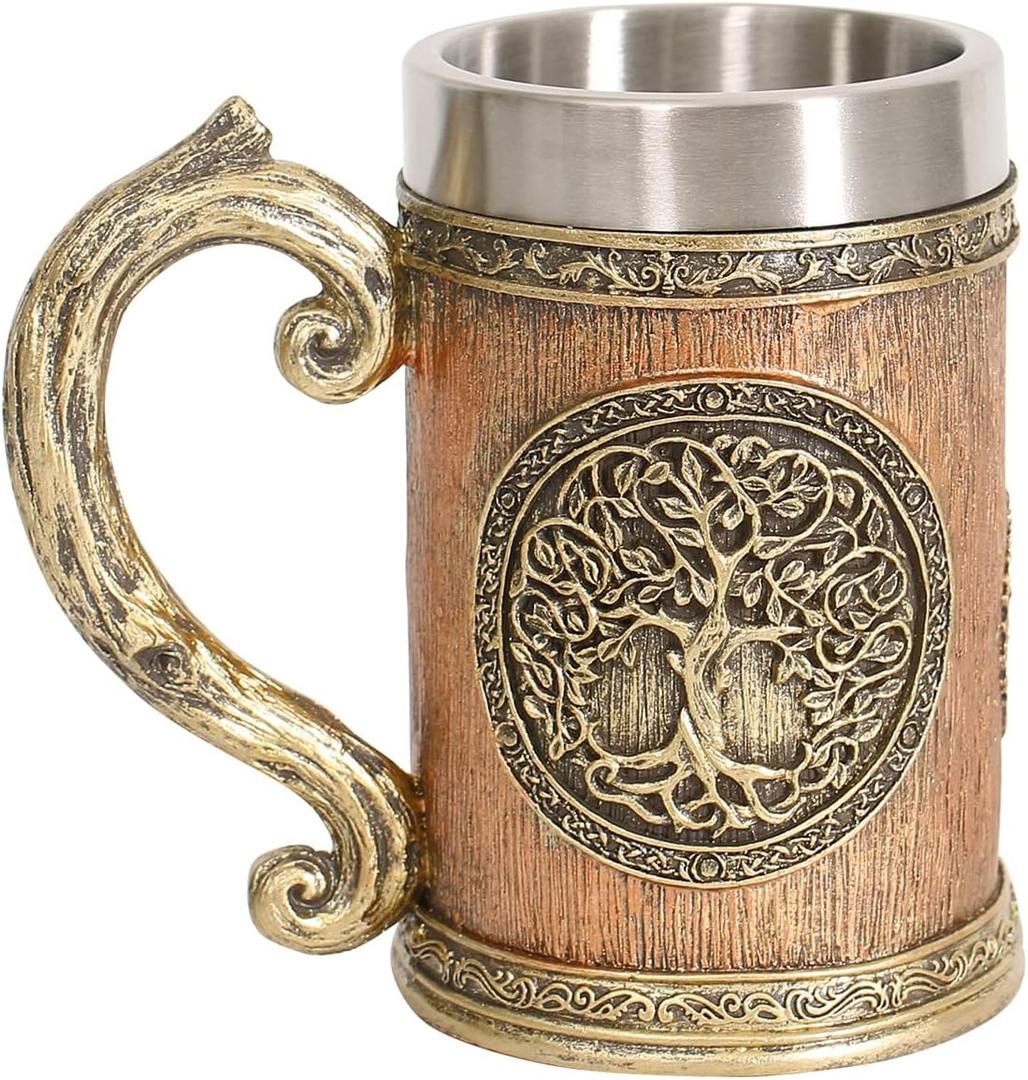 18fl oz Nordic Mythology World Tree Yggdrasil Beer Stein Mug, Stainless Steel TheTree of Life Coffee Drink Cup for Men and Fathers Day Gift 600ml (World Tree)