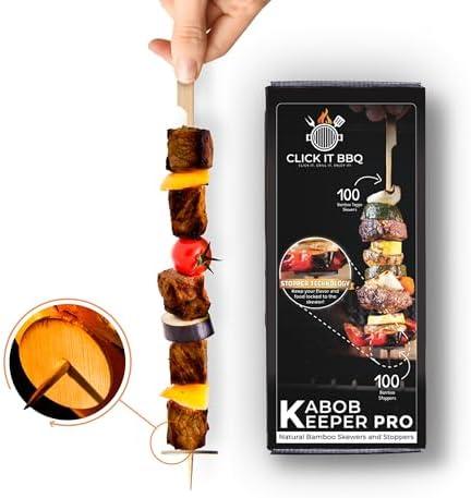 CLICK IT BBQ - Kabob Keeper Pro - Bamboo Skewers - Kebab Skewers with Innovative Stopper Disks to Lock Food in Place - 100 Count