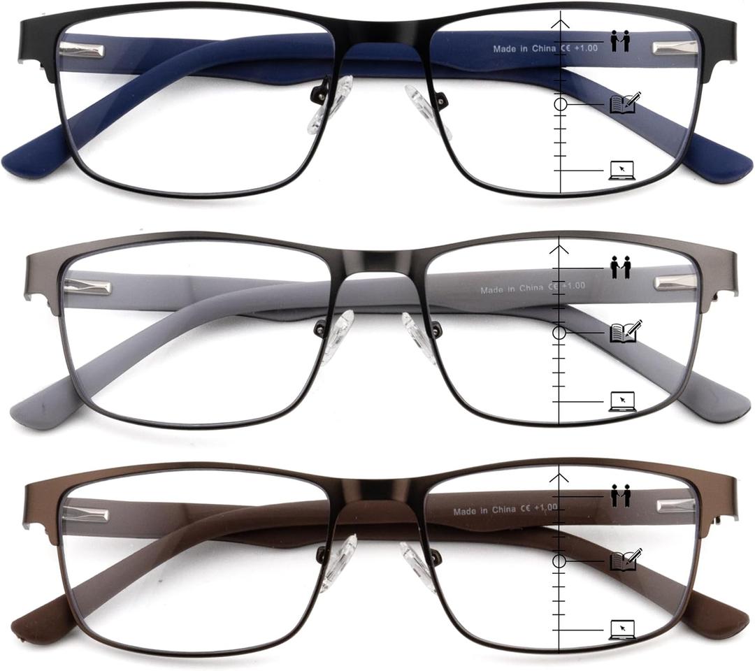 Progressive Reading Glasses for Men Premium Metal Full Frame Multifocal Readers Rubber Temples Blue Light Blocking Readers 3PK+3.0