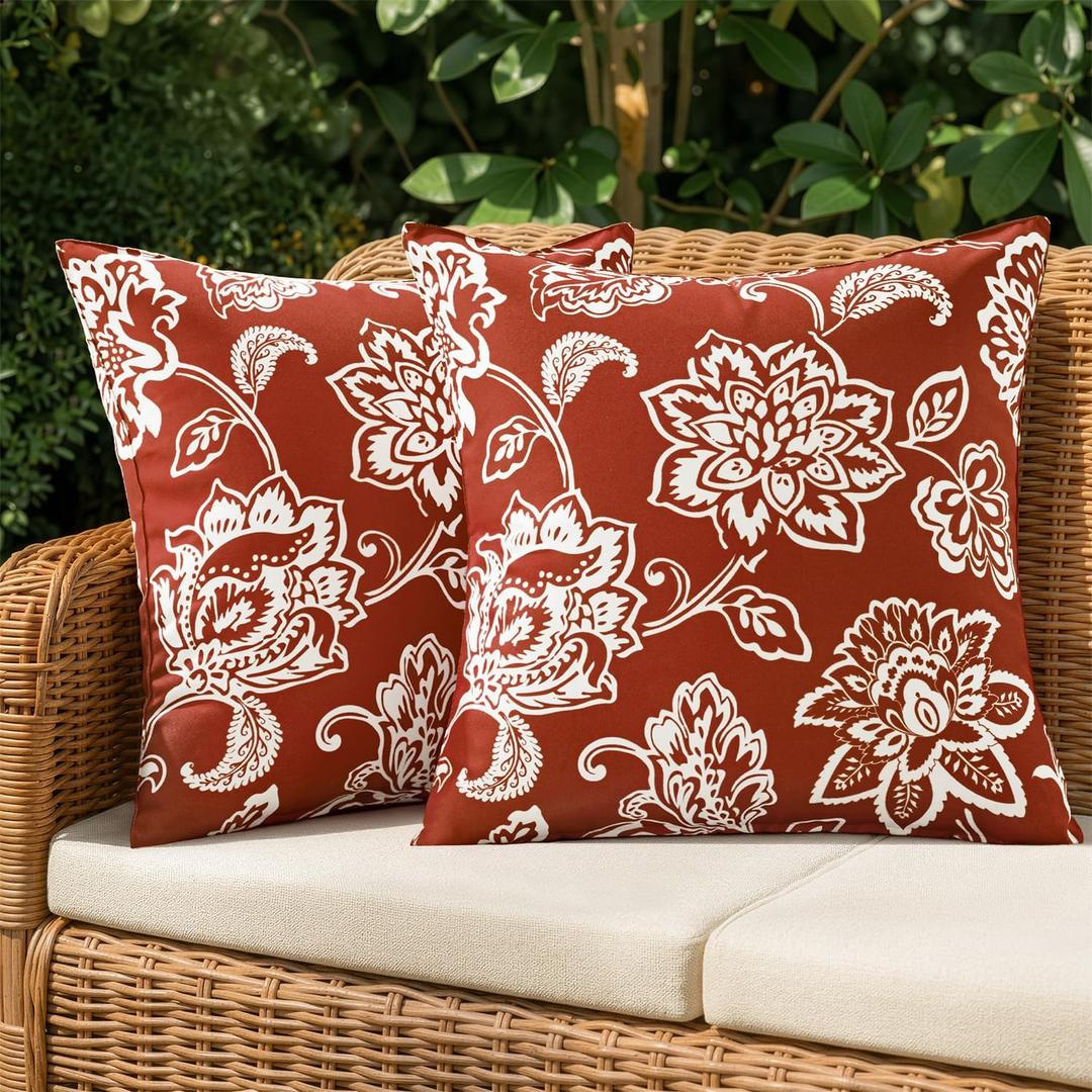 SWANCOCO Decorative Outdoor Floral Pillow Covers Set of 2,Waterproof Boho Farmhouse Throw Pillows Summer Accent Pillowcases for Patio Furniture Garden Sofa 18x18 Inch, Red