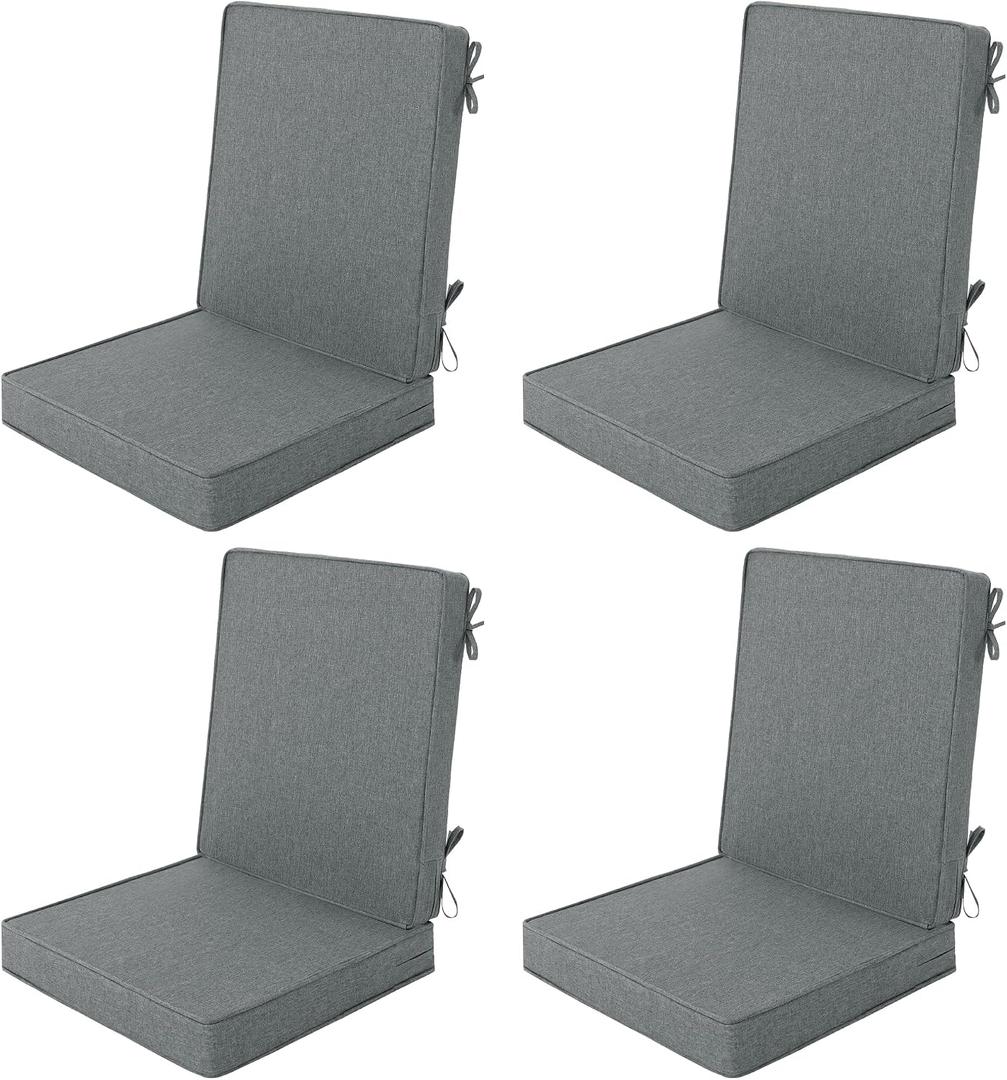 Outdoor Chair Cushions 20x20, Water-Resistant & Fade-Resistant, Patio Furniture Lawn Dining Chair Seat Replacement with High Back, Ties Zipper, Removable Cover, Set of 4, Dark Grey
