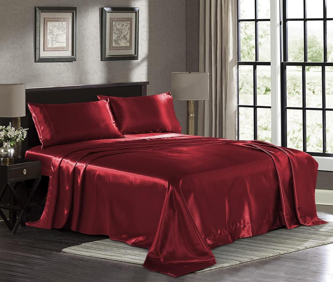 Pure Bedding Satin Sheets Queen [4-Piece, Burgundy] Hotel Luxury Silky Bed Sheets - Extra Soft 1800 Microfiber Sheet Set, Wrinkle, Fade, Deep Pocket Fitted Sheet, Flat Sheet, Pillow Cases