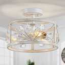 WUZUPS Crystal Leaf Chandelier 3-Light Vintage Farmhouse Industrial Semi-Flush Mount Ceiling Light Lighting Fixture for Foyer Hallway Storage Room Kitchen Bathroom, H 8.5" W 12", Antique White