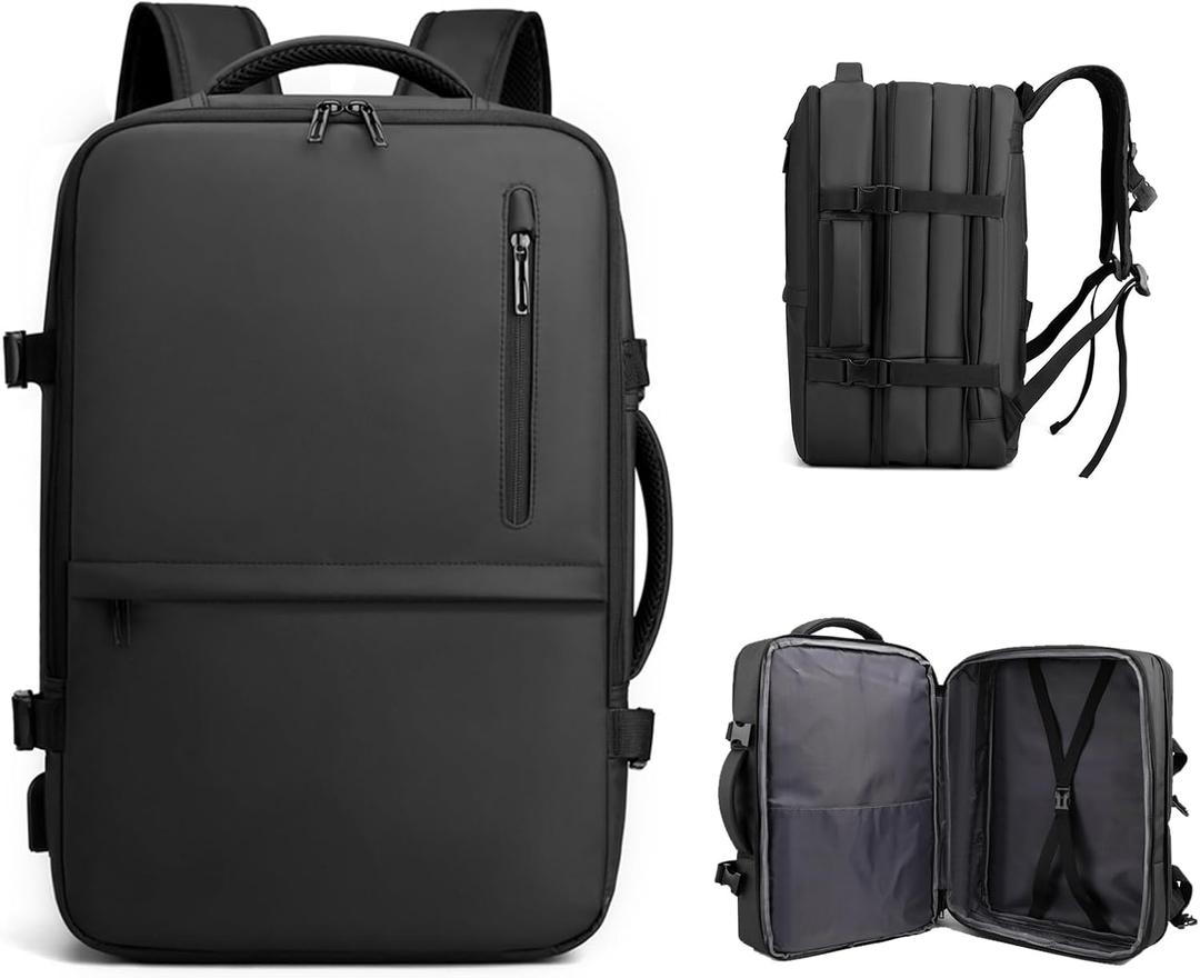Travel Backpack for Men Women, Expandable Carry on Backpacks with USB Charging Port for Business Work Commute Casual, Black