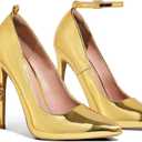 Elisabet Tang Women's Pumps Closed Pointed Toe Heels with Ankle Strap Slip on Stiletto High Heels 5 Inch for Wedding Party Sexy Dress Shoes Gold Patent 9