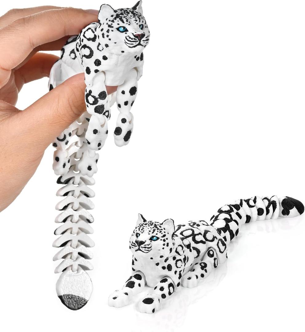 3D Printed Animal, 8.27" Articulated Snow Leopard, 3D Printed Toys, Figurine Desk Toy, Realistic Jointed Creature for Stress Relief & Office Decor, Unique Gift for Animal Lovers (Snow Leopard Toy)
