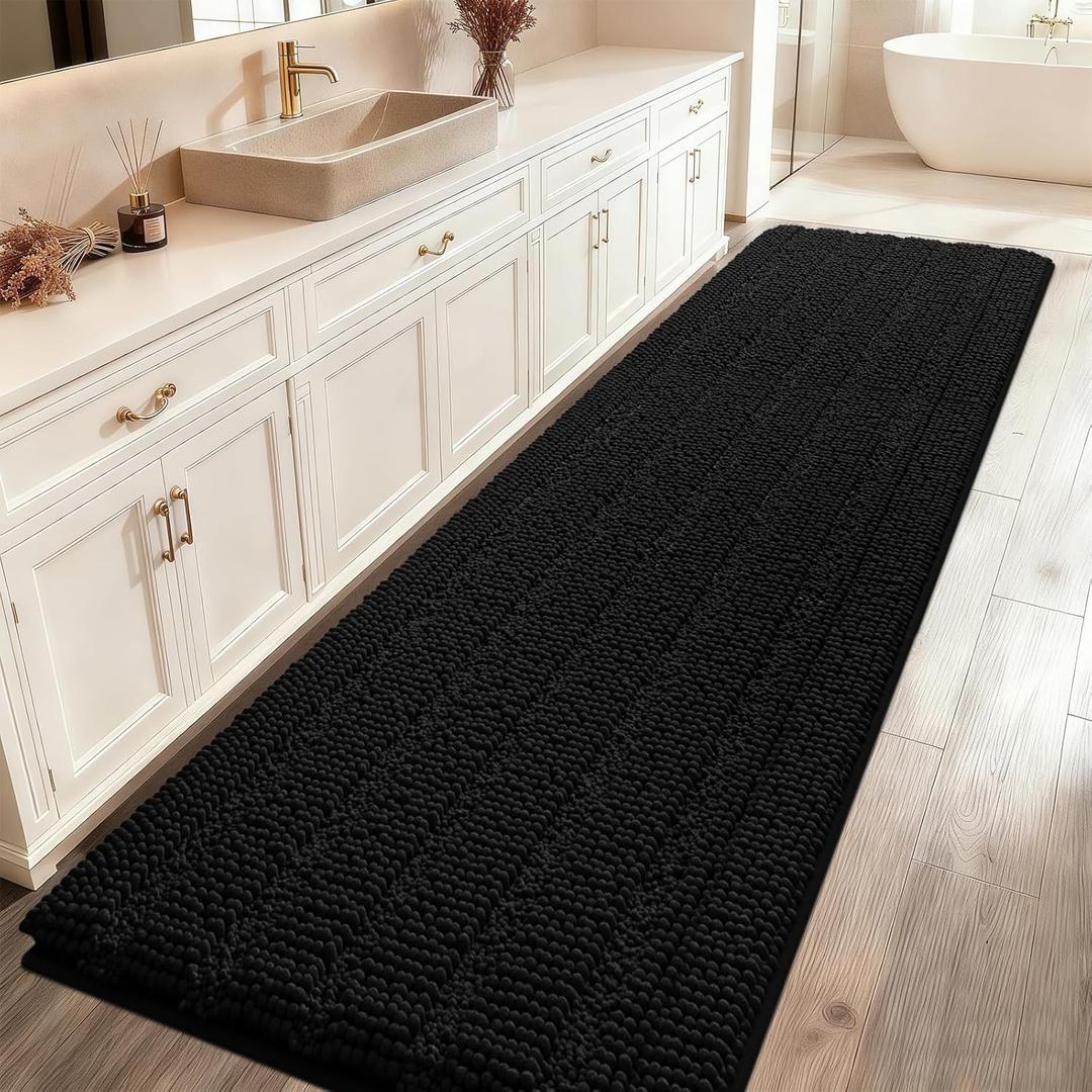 ACCUMTEK Striped Black Bathroom Rug Mat 48"x17" Ultra Soft, Non Slip Chenille Bath Rugs, Absorbent Plush Shaggy Bath Mats for Bathroom, Bedroom, Kitchen, Shower, Tub (1'5" x 3'11" (Runner))