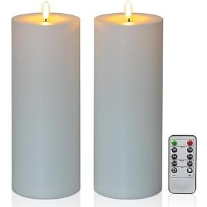 Yongmao 10" x 4" Waterproof Outdoor Flameless Candles Battery Operated LED Flickering Tall Pillar Candles with Remote and Timer for Indoor Outdoor Lanterns, Long Lasting, White Set of 2