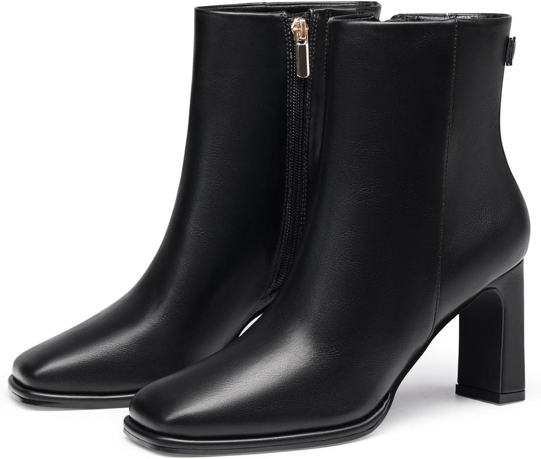 Coutgo Women's Square Toe Ankle Boots Chunky Block Heel Side Zipper Booties Faux Suede Winter Shoes (Black)