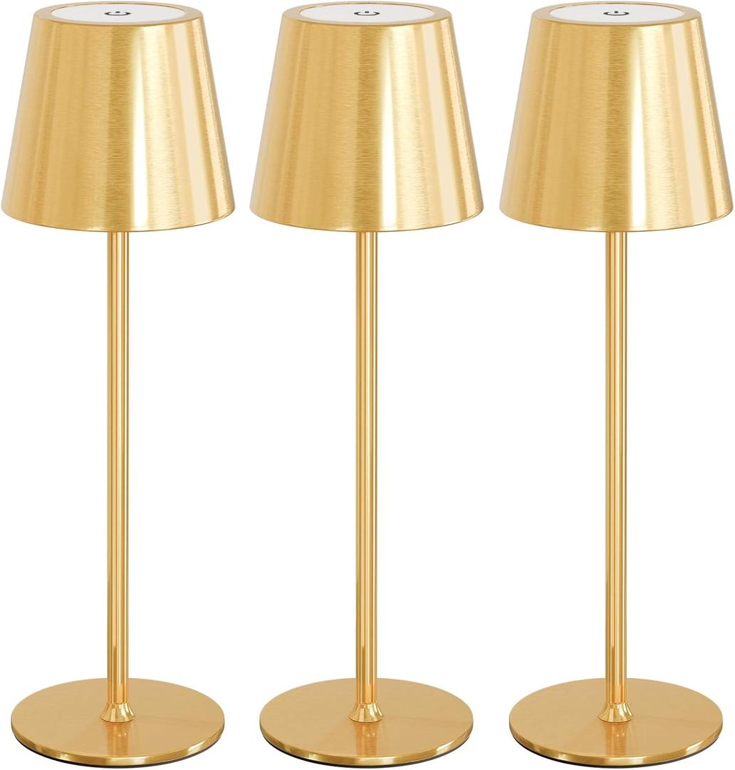 uuffoo 3 Pack Cordless Table Lamp Rechargeable 5000mAH Battery Operated Lights Touch Control LED Portable Desk Lamps 3 Color Dimming for Outdoor Coffee Bedroom Kitchen (Gold)