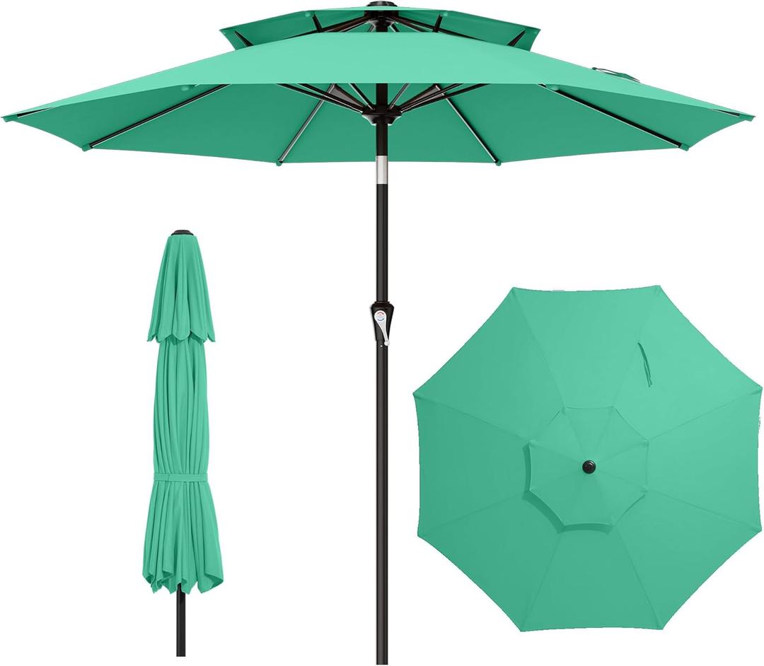 9ft 2 Tiers Patio Umbrella - Outdoor Umbrella Waterproof UV Protection, Market Table Umbrella w/Push Button Tilt&Crank for Pool, Porch, Garden (Turquoise)