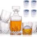 Crystal Whiskey Decanter Set In Gift Box - Includes 4 Crystal Whiskey Glasses and 4 Big Ice Ball Molds - Unique Whiskey Gift for Men