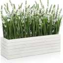 14 Inch Artificial Lavender Flower Arrangement in Rustic Rectangular Wood Planter Box White Fake Lavender Flower Faux Potted Lavender Plants for Table Centerpiece Windowsill Shelf Home Decor Indoor (14.2"x4.3"x13")