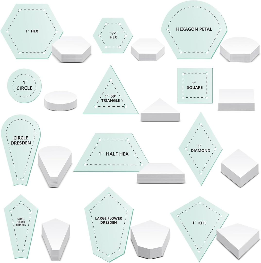 Cinnvoice 612 Pcs Patchwork Paper Piecing Supplies 12 Shapes Acrylic Patchwork Templates Set with 600 Pcs Paper Piecing for Sewing Dresden Plate Triangle Hexagon Quilting Template (Light Green)