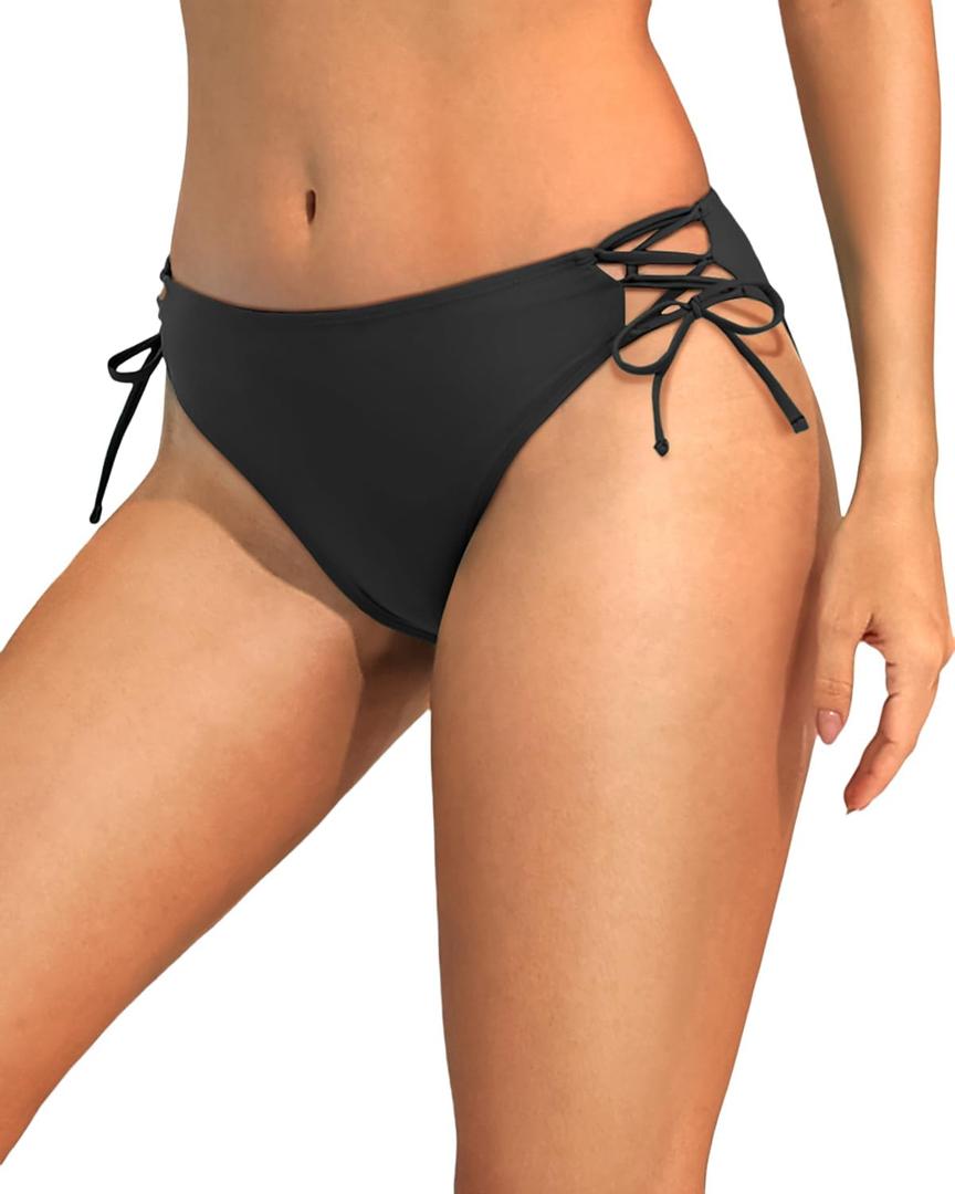 Zmart Women Low Waisted Bikini Bottoms - String Tie Side Bathing Suit Moderate Coverage Swim Bottom (Medium, Black)