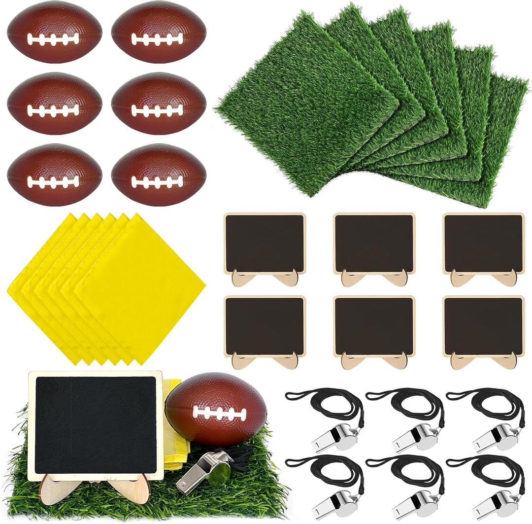 30 Pcs Football Party Table Decorations Include Artificial Grass Mat 3.54 Inch Football Small Decorative Blackboard Metal Whistle Polyester Fabric for DIY Sport Themed Party Favor Birthday Party Decor