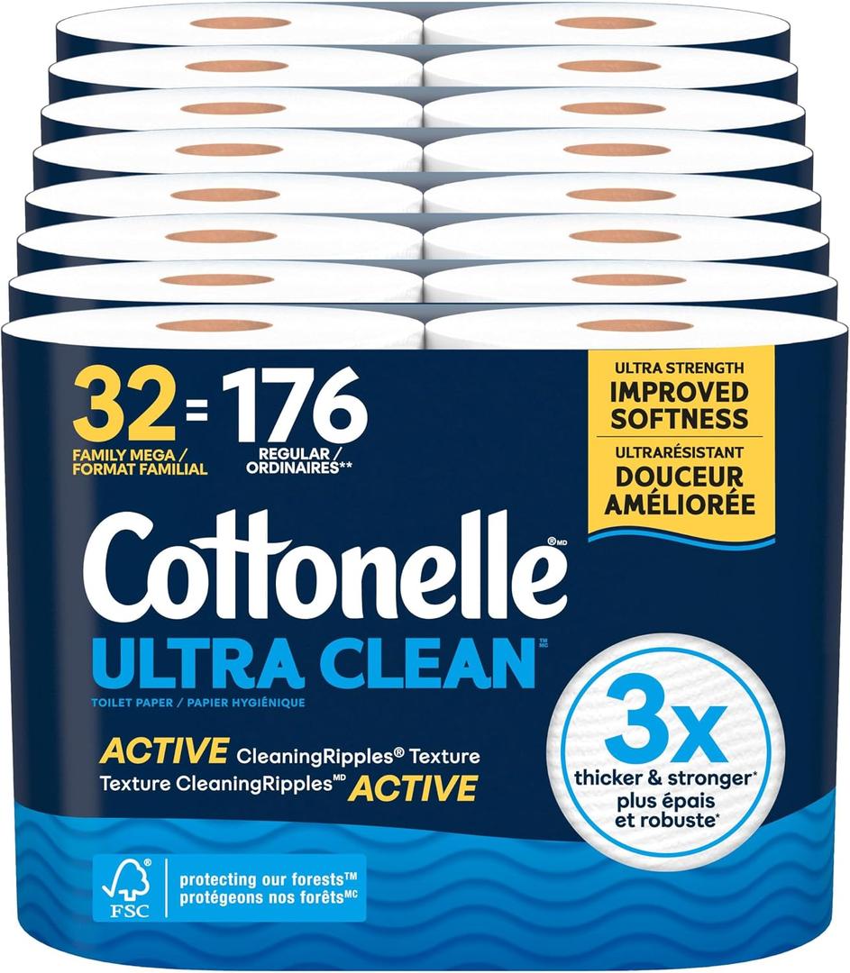 Cottonelle Toilet Paper, 32 Family Mega Rolls = 176 Regular Rolls (8 Packs of 4), Ultra Clean, Strong Bathroom Tissue, 353 Sheets per Roll
